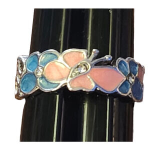 Sterling Silver Enamel Butterly Flower Pave Ring Size 10.25